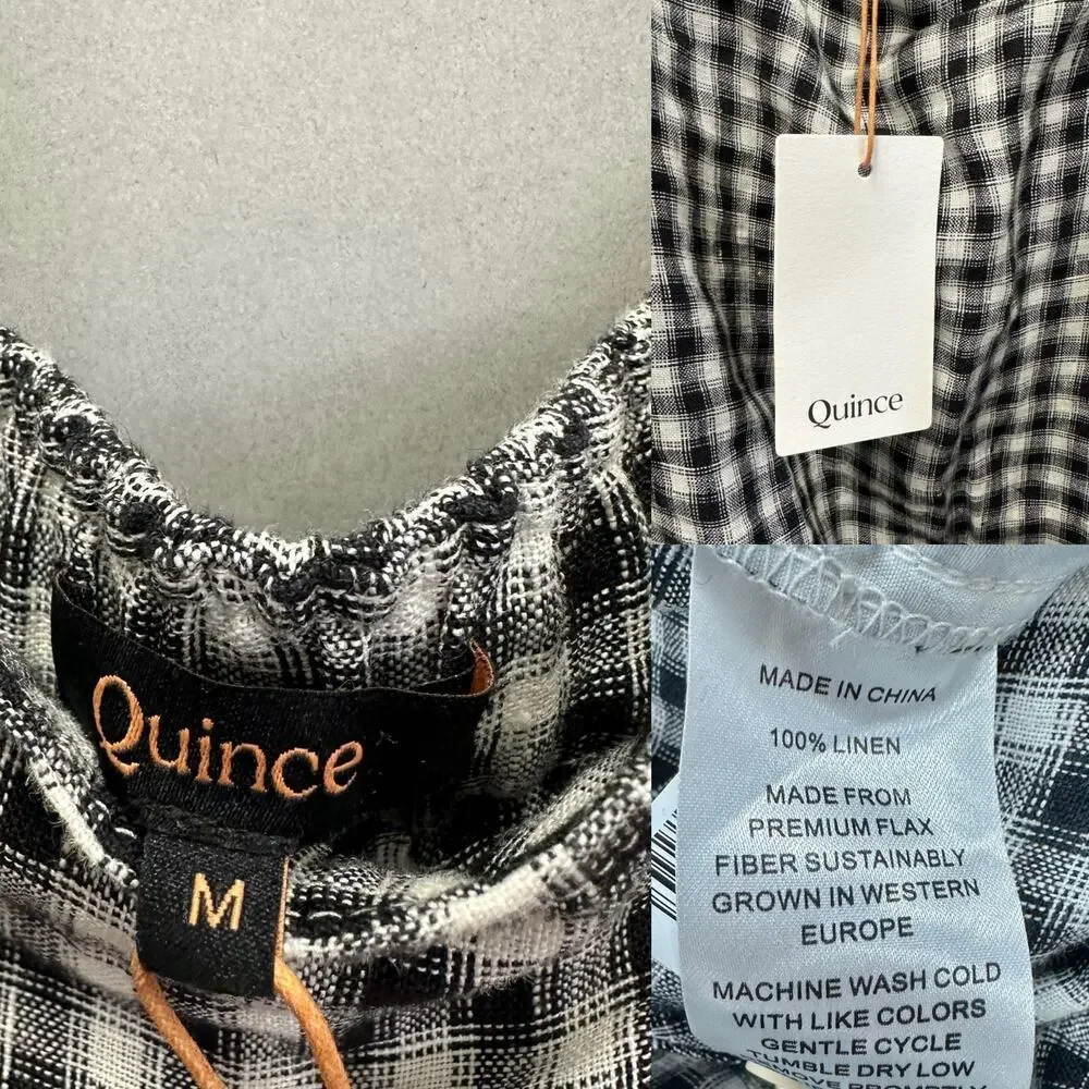 Quince European Linen Square Neck‎ Jumpsuit in Khaki/Black Gingham Medium NWT